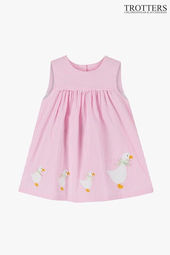 Trotters London Little Pink Duck Striped Cotton Dress (400894) | £52