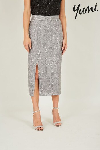 Yumi Silver Sequin Fitted Skirt With Front Slit (401601) | £45