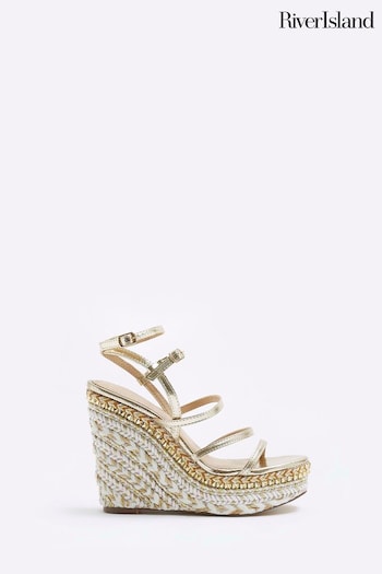 River Island Gold Gold Strappy Wedge Sandals Black (401881) | £60