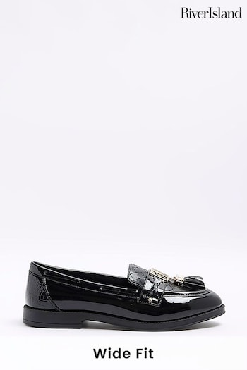 River Island Black Wide Fit Fringed Patent Loafers (401945) | £28