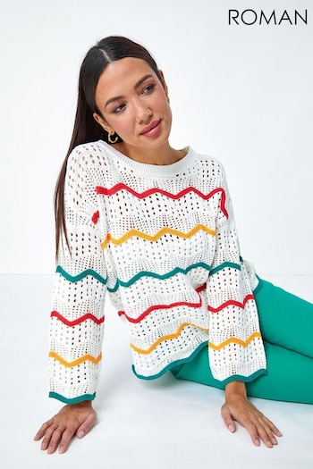 Roman White Cotton Blend Stripe Print Crochet Jumper (402120) | £38