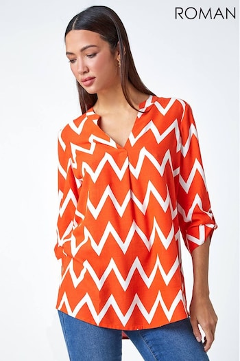 Roman Orange Zig Zag Print Pleat Detail Top (402258) | £32