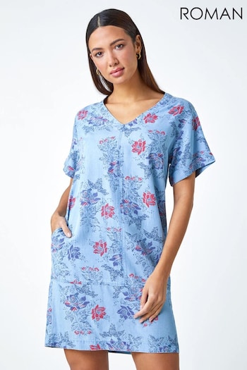 Roman Blue Floral Print Denim Look Pocket Dress (402361) | £40