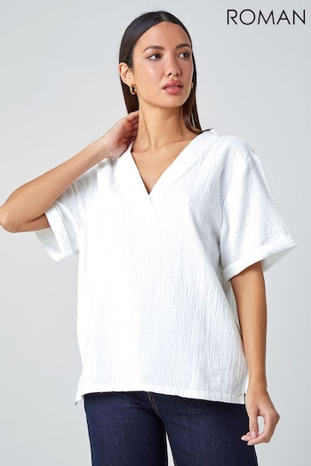 Roman White Textured Cotton Relaxed T-Shirt (402538) | £26
