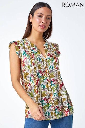 Roman Green Floral Frill Sleeve Shimmer Stripe Top (402573) | £26