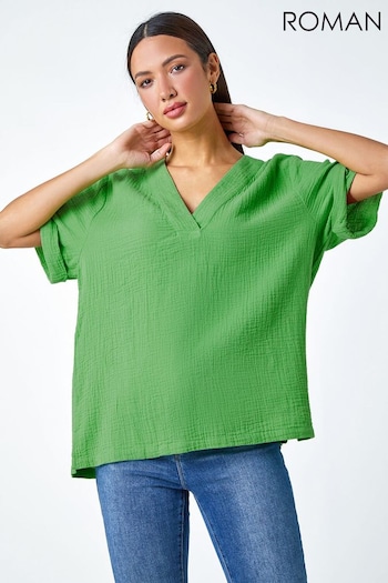 Roman Green Textured Cotton Relaxed T-Shirt (402590) | £26