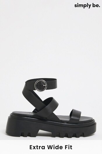 Simply Be Extra Wide Fit Simply Comfort Sundae Leather Chunky Cleated Black Sandals (403175) | £40