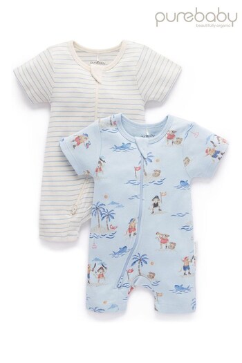 Purebaby Blue Beach Print Zip Baby Sleepsuits 2 Pack (403863) | £28