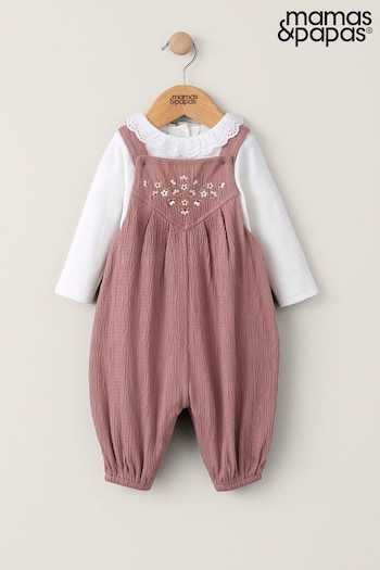 Mamas & Papas Pink 2 Piece Embroidered Crinkle Jersey Dungaree (403882) | £29