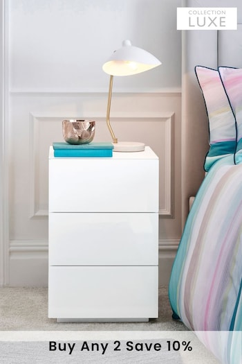 White Sloane Glass Collection Luxe 3 Drawer Bedside Table (404160) | £375