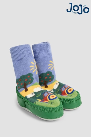 JoJo Maman Bébé Blue Farm Scene Moccasin Slipper Socks (404199) | £12.50