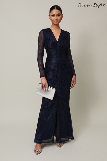 Phase Eight Blue Shannia Blue Ruched Plisse Maxi Dress Jean (404321) | £149