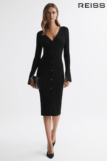 Reiss Black Avery Ribbed Knit Midi Dress (404593) | £178