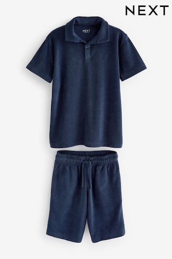 Navy Blue Towelling Short Sleeve Shirt and Shorts Set (3-16yrs) (404600) | £15 - £23
