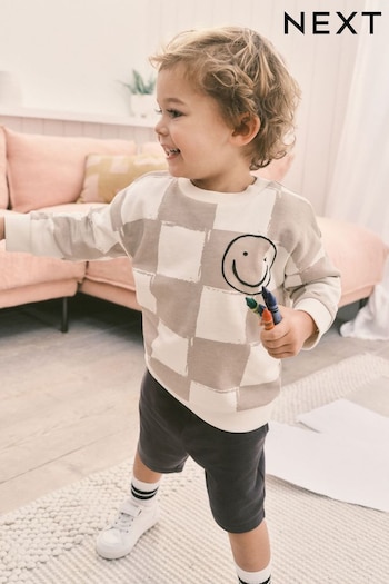Stone Oversized Check All-Over Print Sweatshirt and Shorts Set (3mths-7yrs) (404809) | £15 - £19