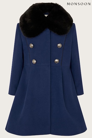 Monsoon Blue Faux Fur Trim Military Style Coat (404882) | £65 - £75