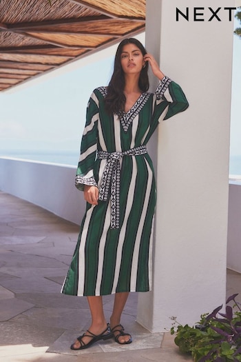 Green/White Stripe Belted Kaftan Summer Dress (405002) | £58