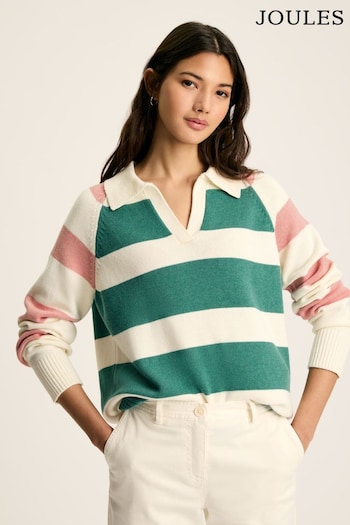 Joules Marion Pink & Green Striped V-Neck Jumper With Collar (405845) | £64.95