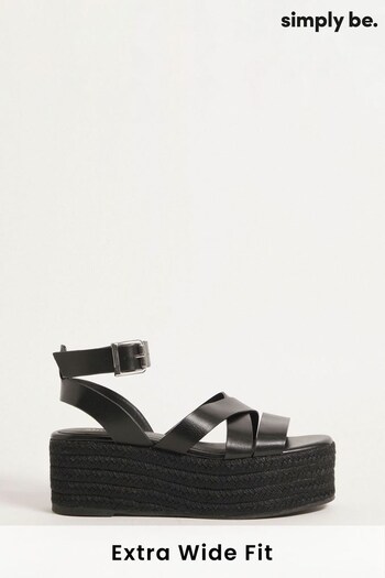 Simply Be Extra Wide Fit Espadrille Flatform Black Wedges with Crossover Upper Straps (406895) | £32