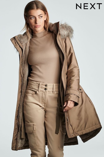 Fawn Brown Longline Shower Resistant Padded Parka (406973) | £95