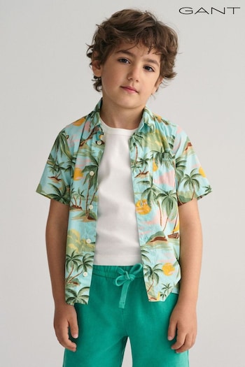 GANT Boys Green Palm Print Cotton Short Sleeve Shirt (407074) | £50
