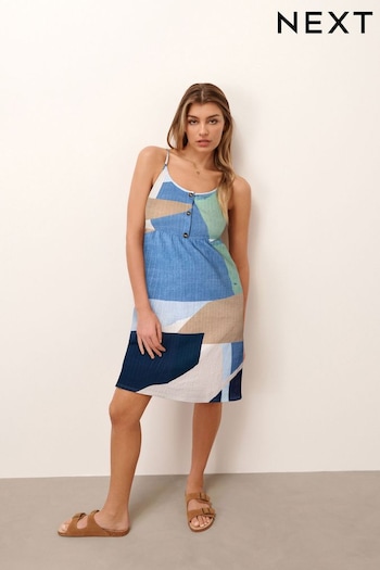 Blue Abstract Button Down Cotton Cami Summer Dress (407098) | £25