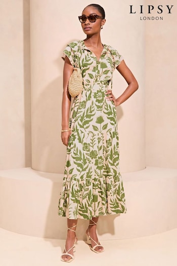 Lipsy Green Short Sleeve Tiered Printed Summer Midi Dress (407313) | £62