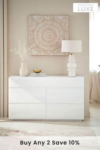 White Sloane Glass 6 Drawer Collection Luxe Chest of Drawers (407438) | £775