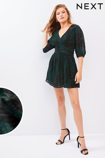 Green Printed Waisted Short Sleeve Mini Dress (407515) | £36