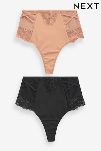 Black/Nude Thong Tummy Control Lace Knickers 2 Pack (407525) | £26