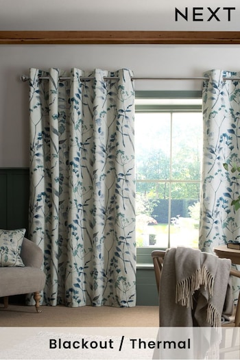 Blue Isla Floral Print Blackout/Thermal Curtains (407538) | £50 - £110