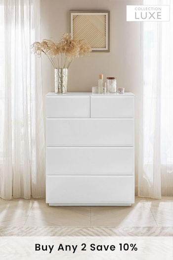 White Sloane Glass 5 Drawer Collection Luxe Chest of Drawers (408097) | £699