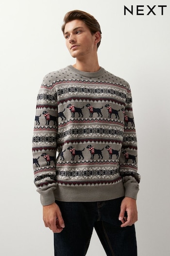 Dark Grey Dog Wrap Crew Neck Regular Knitted Christmas Jumper (410078) | £36
