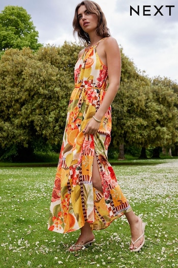 Kew Collection Yellow Floral/Fruit Print Strappy Maxi Summer Dress (410548) | £38