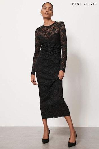Mint Velvet Black Lace Ruched Midi super Dress (410569) | £119