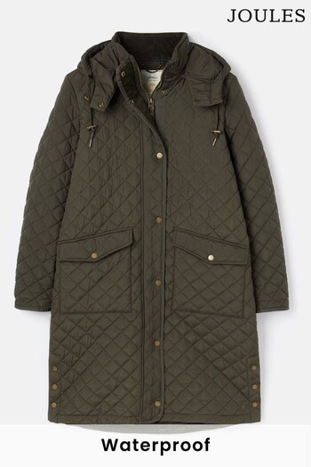 Joules Chatsworth Green Showerproof Long Diamond Quilted Coat With Hood (411362) | £149