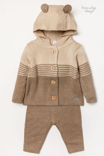 Rock-A-Bye Baby Boutique Natural Knitted Two-Piece Hooded Cardigan and Trousers Set (412120) | £24
