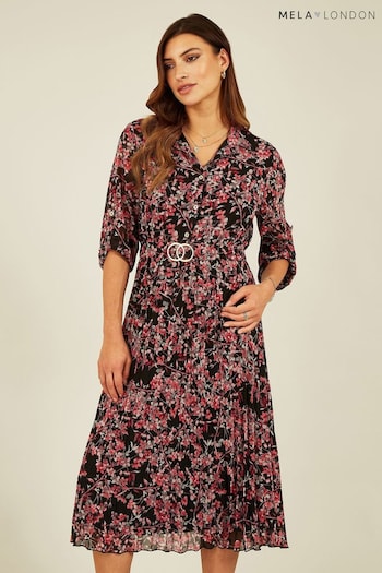 Mela Black Blossom Print Pleated Skirt Midi Dress (412974) | £45