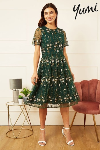 Yumi Green Embroidered Floral Skater Dress (413109) | £65