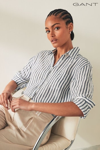 GANT Blue Relaxed Fit Striped 100% Linen Shirt (413584) | £125