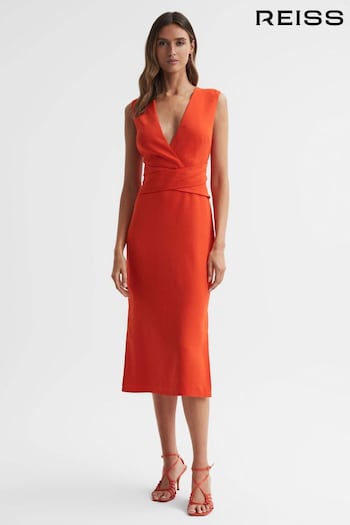 Reiss Orange Jayla Fitted Wrap Design Midi Dress (414237) | £198