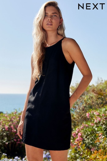 Black Linen Blend High Neck Mini Dress (414638) | £22
