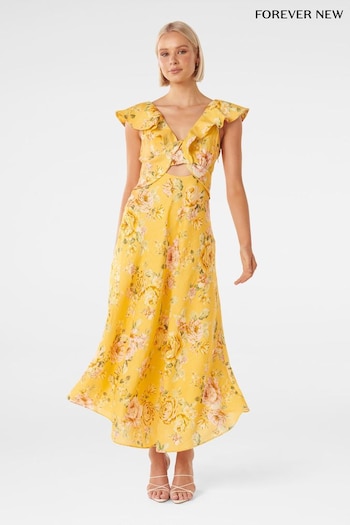 Forever New Yellow Pure Linen Haisley Flounce Midi Dress (414971) | £110
