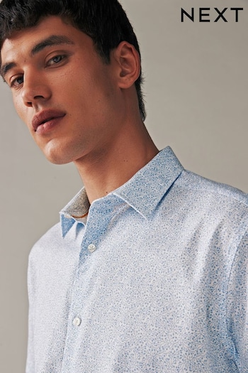 White/Light Blue Floral Regular Fit Short Sleeve Textured Short Sleeve Shirt (415742) | £32