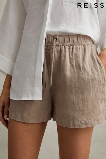 Reiss Mink Neutral Cleo Linen Garment Dyed Drawstring Shorts embroidered-boat (415888) | £78