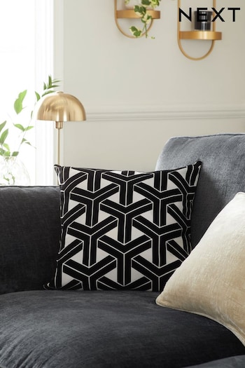 Black/White Square - Feather Filled Geometric Flock Cushion (415894) | £24