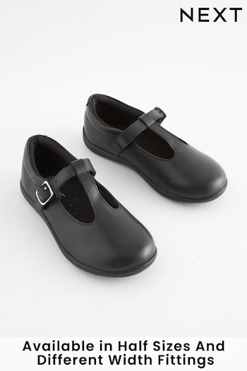Black Wide Fit (G) Junior Leather T-Bar Shoes (416179) | £26 - £30
