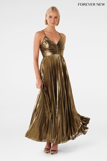 Forever New Gold Gabriella Metallic Pleated Maxi Dress (416497) | £140