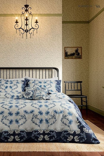 V&A Indigo Blue Scrolling Carnation Duvet Cover and Pillowcase Set (416508) | £95 - £120