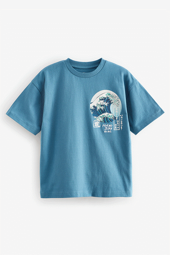Teal Blue Wave Backprint Relaxed Fit Short Sleeve Graphic T-Shirt (3-16yrs) (416586) | £6 - £9